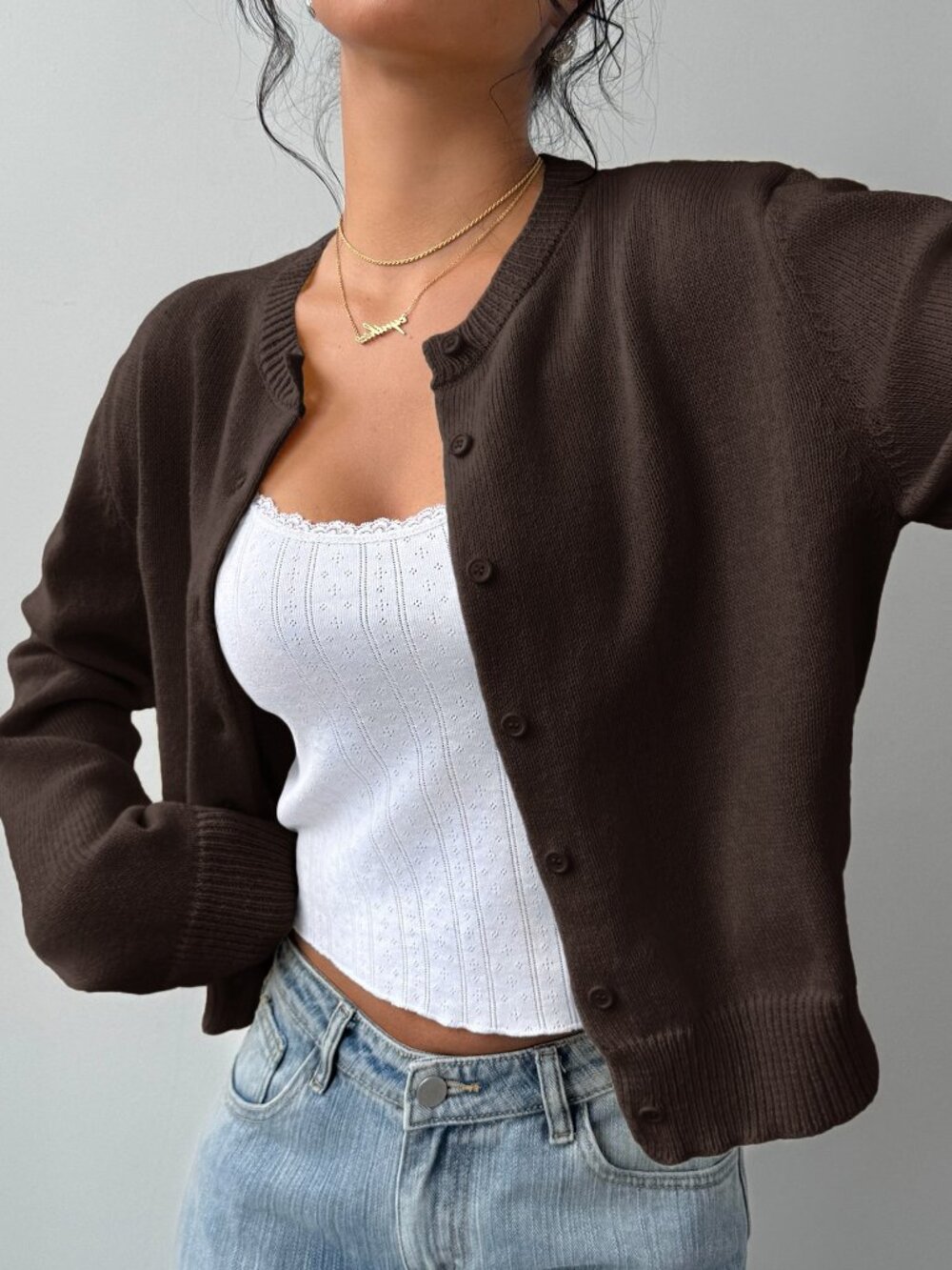 Coffee Brown Casual Women's Round Neck Long Sleeve Loose Cropped Cardigan - Picture 4 of 6